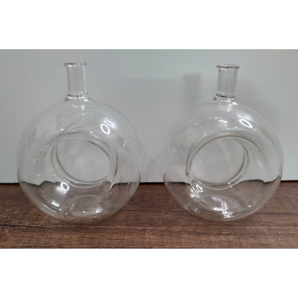 Two's Company Hand Blown Glass Mini Small Vase Clear Center Hole Bud Se Of 2 D6